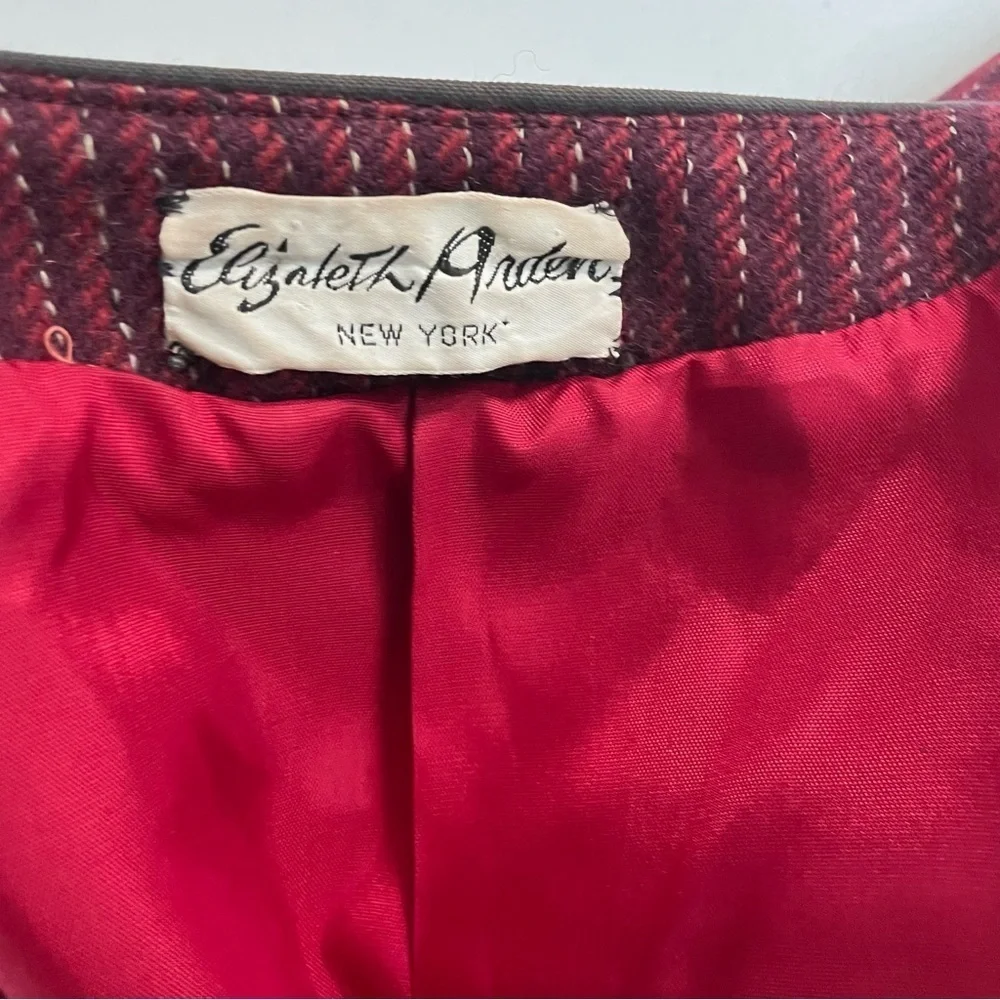 Elizabeth Arden New York wool blazer deep red tweed with black trim.
